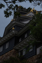 Naklejka premium 石垣の上に見上げる岡山城の漆黒の天守閣