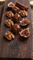 Fototapeta premium Chocolate pralines arranged with figs and walnuts on rustic board