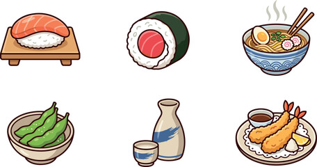 Japanese Cuisine Traditional Food Vector Icon Set Featuring Salmon Nigiri Sushi, Maki Roll, Ramen Noodle Bowl, Edamame, Sake Bottle, and Tempura Shrimp © DarparajDab