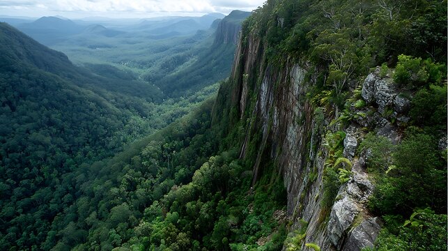 Dramatic Aerial View of Lush Rainforest Valley and Vertical Rock Cliffs.