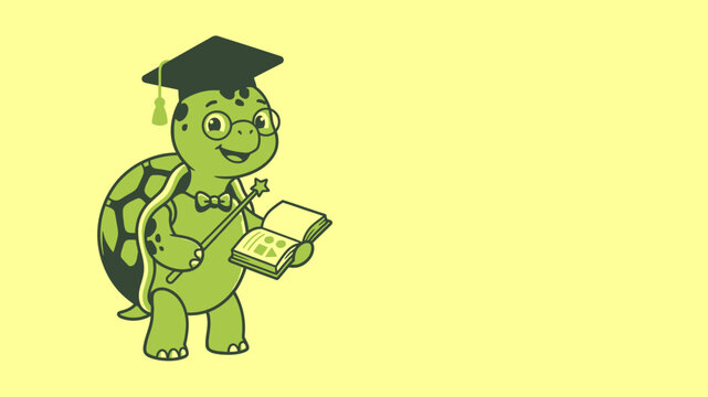 A wise little turtle character wearing a graduation cap and round spectacles holds an open book while pointing with a star tipped magic wand to teach lessons about learning and academic success