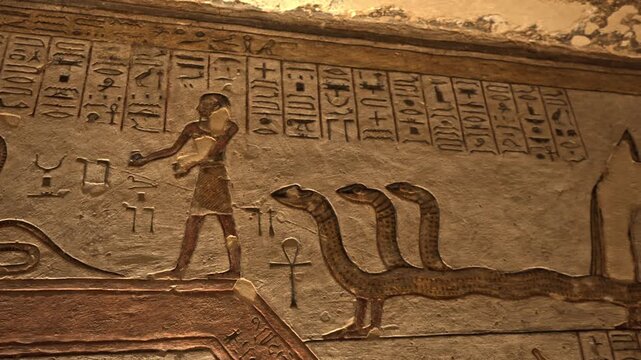 This interior video clip captures a fascinating mythological wall relief inside the Tomb of Ramesses IV (KV2) in the Valley of the Kings, Egypt.