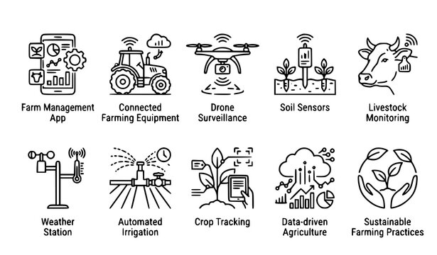 Smart agriculture and precision farming icon collection editable stroke vector