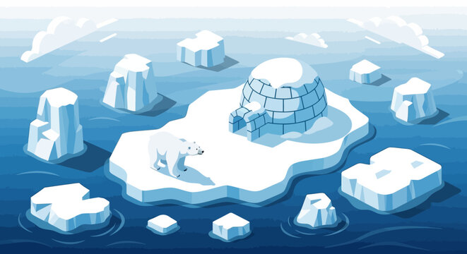 Arctic Landscape with Polar Bear Cub and Igloo Vector