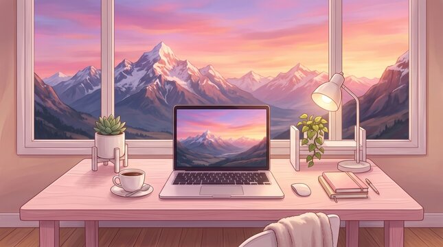 Cozy workspace with laptop and coffee cup on a desk overlooking a breathtaking mountain range at sunset with a serene atmosphere and warm lighting.