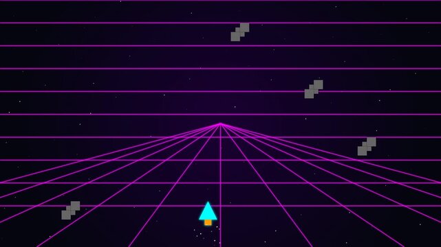 Retro arcade space shooter video game background featuring neon pink synthwave grid and pixelated spaceship navigating through starry deep space and floating obstacles