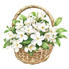 Obraz premium White Jasmine Flower Basket, artistic watercolor illustration vector, isolated on a white background.