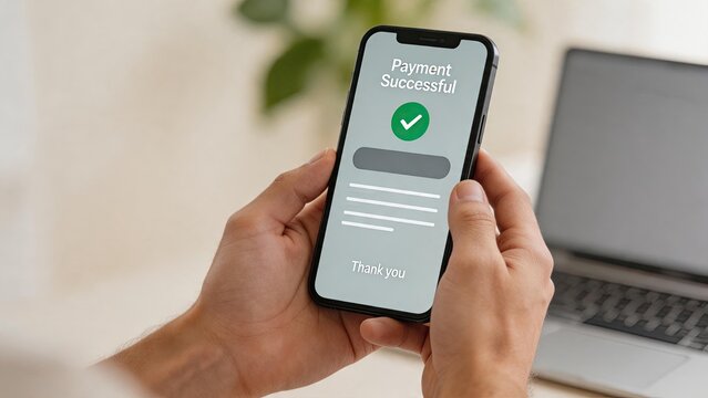 Close up of hands holding smartphone displaying payment successful confirmation screen with green check mark, illustrating secure online transaction and mobile banking app usage.