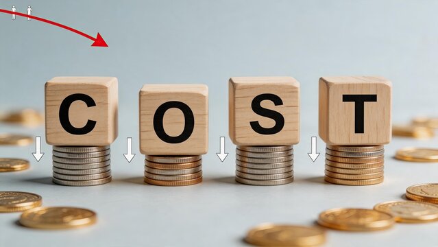 Wooden blocks spelling cost on stacks of coins with downward arrows, budget reduction strategy, expense management, financial savings concept, economic downturn, price decrease,