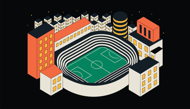 Isometric stadium surrounded by city buildings illustration