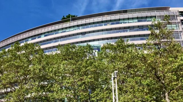 Low angle view of contemporary corporate architecture with glass facades of Maison de la RATP and Central Seine Complex, Paris, France
