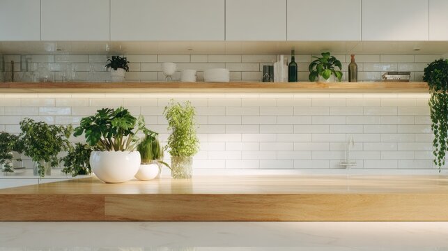 Modern kitchen countertop setup features an array of potted greenery against a white subway tile backsplash