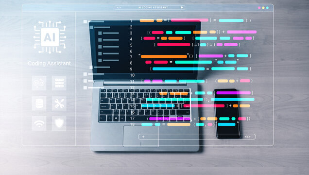 A sleek laptop and smartphone work together, showcasing vibrant programming code that emphasizes artificial intelligence and innovative solutions in a modern workspace environment. Cyphers