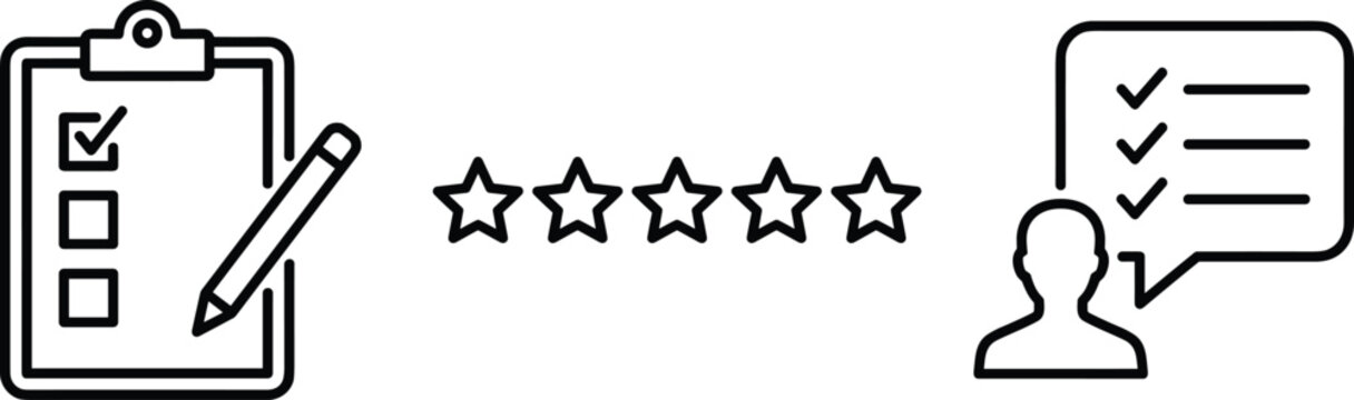Customer feedback vector line icon set featuring five stars rating checklist survey form clipboard pen and user testimonial bubble.