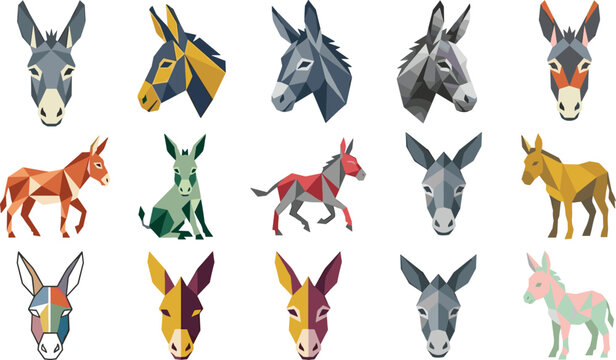 Low Poly Donkey Collection Featuring Geometric Mule and Burro Portraits with Colorful Polygonal Animal Characters in Modern Vector Style