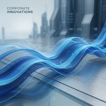 Abstract blue flowing waves with futuristic city architecture background for corporate innovation concept.