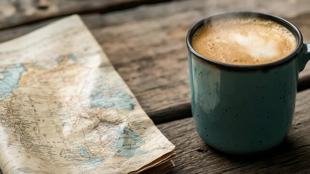 A person sits at a wooden table with a steaming cup of coffee and an open map. The sun shines softly on the scene as they look at the map and sip coffee
