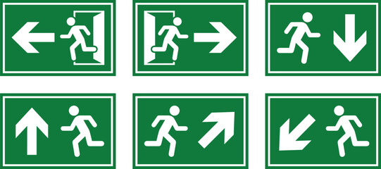 Green emergency exit sign vector collection with running man silhouettes and directional arrows indicating safe evacuation routes.