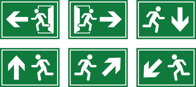 Green emergency exit sign vector collection with running man silhouettes and directional arrows indicating safe evacuation routes.