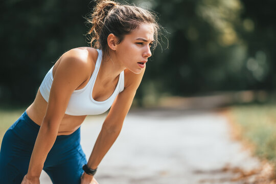 A female athlete, woman pauses after an intense workout. Morning jog in the summer park, catching your breath after running. Determination for the next breakthrough