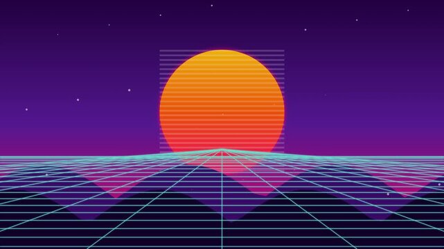 Retro synthwave landscape background featuring neon grid sun sunset horizon purple sky mountain silhouettes digital futuristic vaporware aesthetic motion graphics loop clip scene