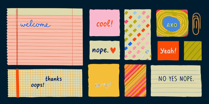 Colorful vector illustration of assorted notepaper and stationery elements