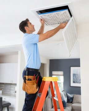 Technicien remplacant un filtre a air au plafond