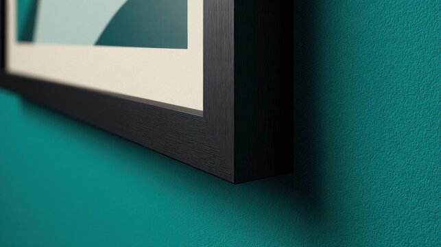 Close up view captures the edge of a dark framed picture mounted on a textured teal colored wall surface