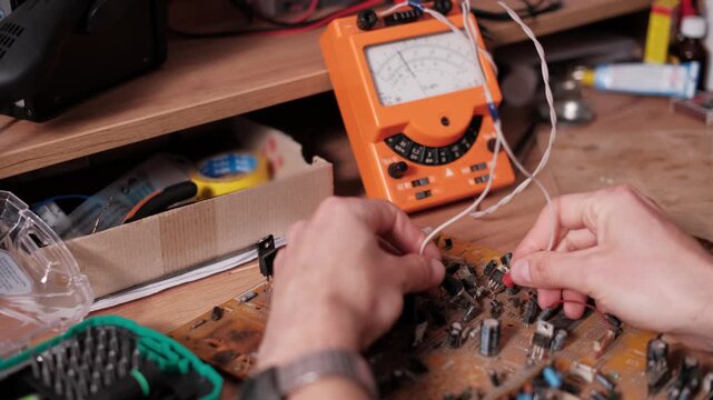 Technician uses multimeter probes to test electronic components on a printed circuit board. The scene highlights traditional diagnostic methods and detailed hardware troubleshooting.