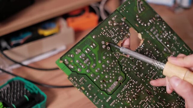 Detailed view of an electronics technician using a soldering iron to melt solder joints on a green PCB. The close-up action highlights circuit maintenance and electrical engineering.