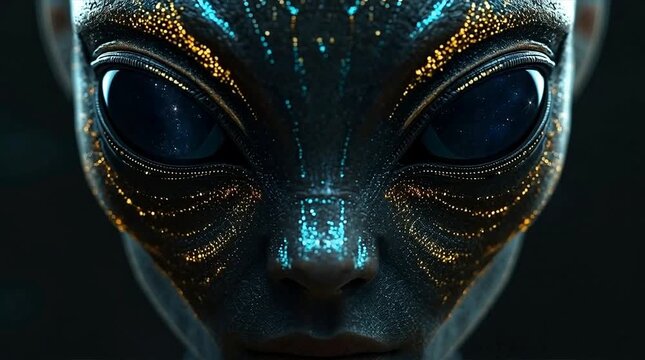 Cinematic close-up portrait of an advanced humanoid alien face with glowing bioluminescent skin