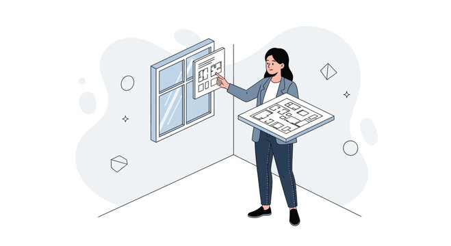 Woman architect planning house design with blueprint and window schematic in isometric vector illustration