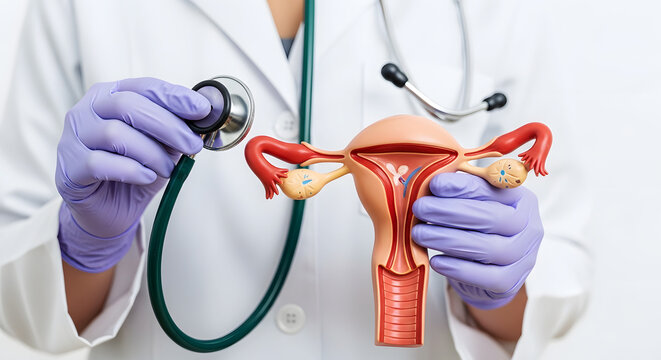 Doctor in purple gloves holds anatomical model of female reproductive system and stethoscope