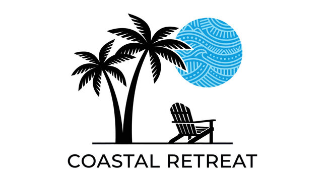 Coastal retreat logo with palm trees and deck chair.