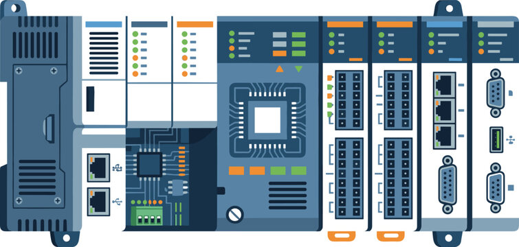 Industrial programmable logic controller plc module system with network ports and circuit components for factory automation hardware technology concepts