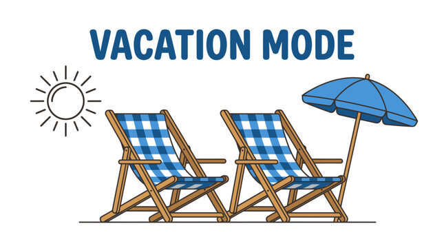 Summer vacation mode blue beach chairs and umbrella illustration.