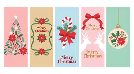 Naklejka premium Set of colorful Merry Christmas banner illustrations with floral tree candy cane deer and ornament decorations