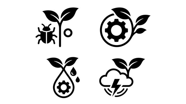 Sustainable Agriculture and Clean Tech Vector Icon Set Featuring Biological Growth Combined with Industrial Mechanics and Natural Energy Elements