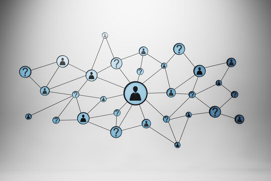 Connected social network diagram with linked user icons and question symbols forming abstract communication web on light background. 3D Rendering