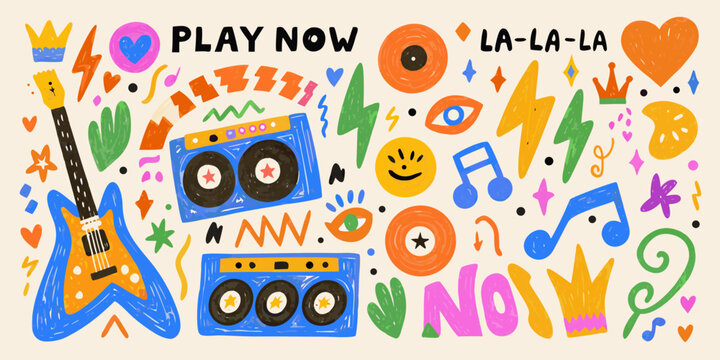 Colorful hand drawn music doodles and retro boomboxes vector illustration