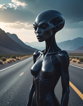 A tall, slender alien female stands on an empty desert highway