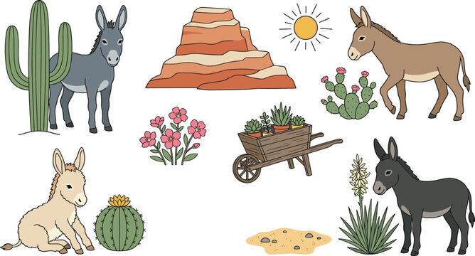 Wild West Desert Nature Elements and Cute Wild Ass Burro Collection with Cactus Rock Canyon and Wooden Cart Vector