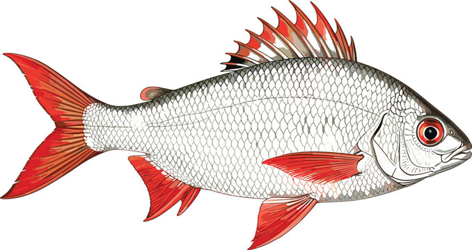 Realistic Red Snapper Fish Vector Illustration with Detailed Scales and Fins on White Background
