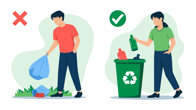 Illustration showing improper and proper waste disposal methods with recycling bin