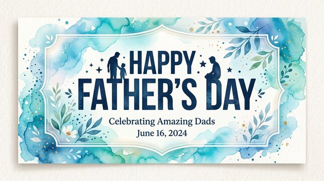 Happy Father's Day Celebration Card with Floral Design and Vintage Typography on Blue Watercolor Background
