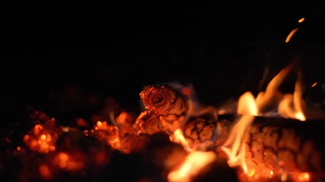 Close-up of a burning log in a fireplace with glowing embers, creating a warm and cozy atmosphere