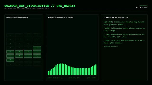 Quantum Key Distribution Encryption Dashboard Cybersecurity Animation.