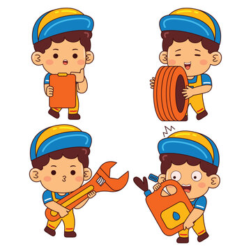 cute mechanic boy cartoon character illustration