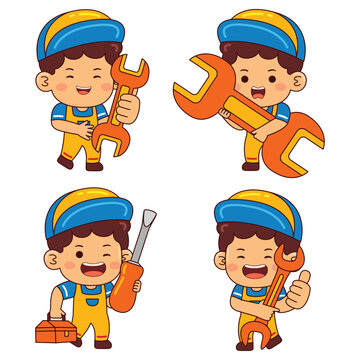 cute mechanic boy cartoon character illustration