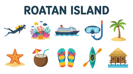 Roatan Island vacation icons: scuba diver coral reef cruise ship snorkel gear palm tree starfish coconut drink flip-flops kayak beach bungalow © zyaa